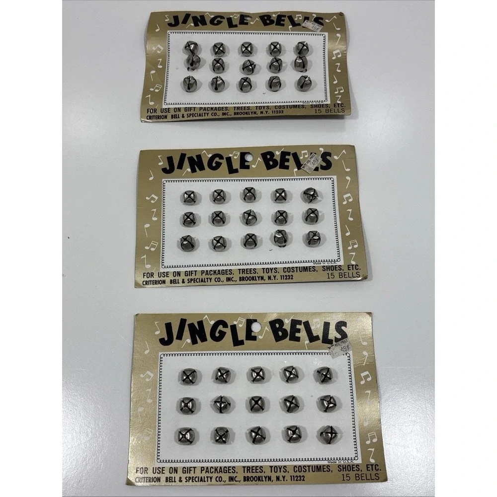 Vintage Jingle Bells On Card 3 Sizes 15 Silver Bells Made in USA Lot Of 3
